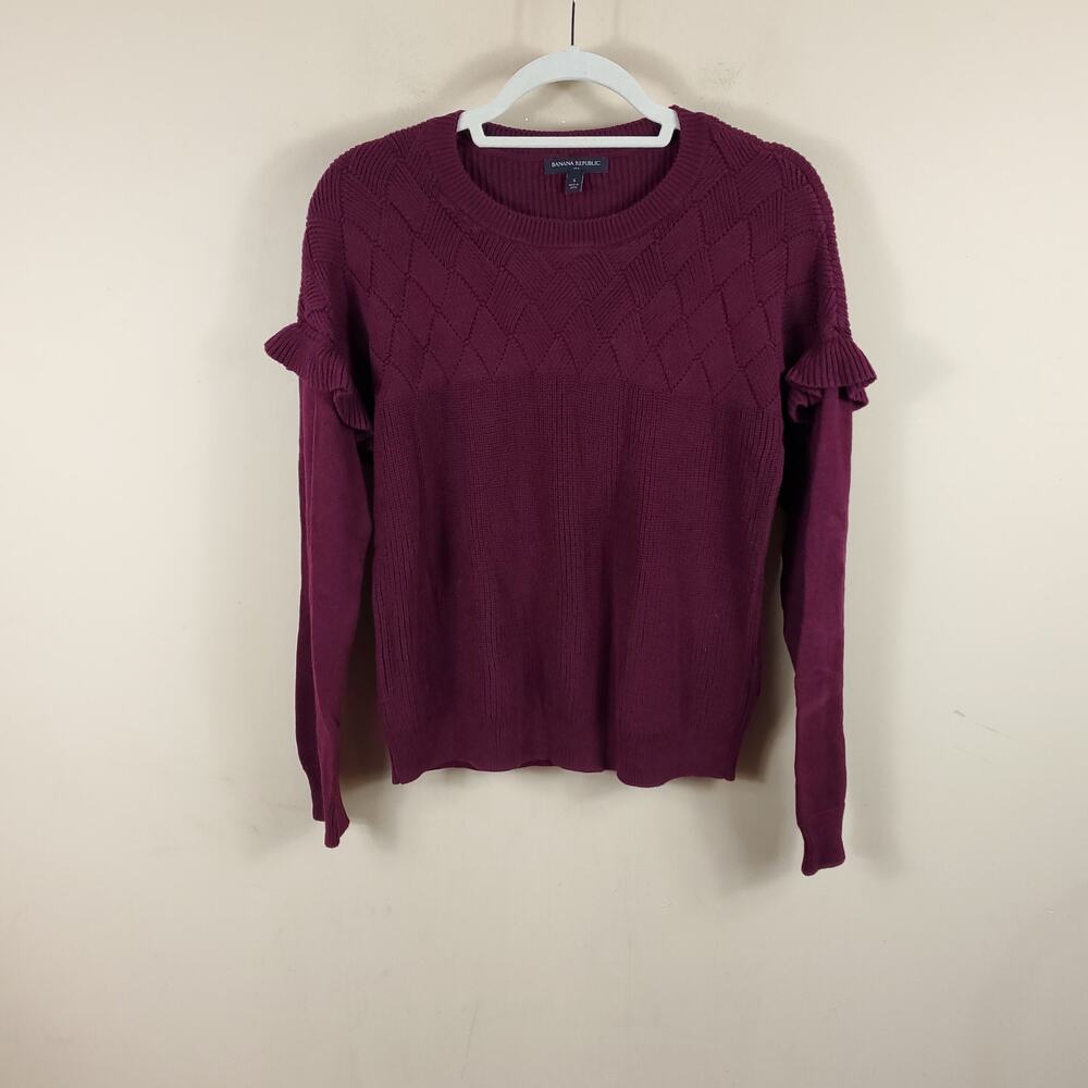Banana Republic Burgundy Ribbed Ruffle Shoulder Sweater Size S